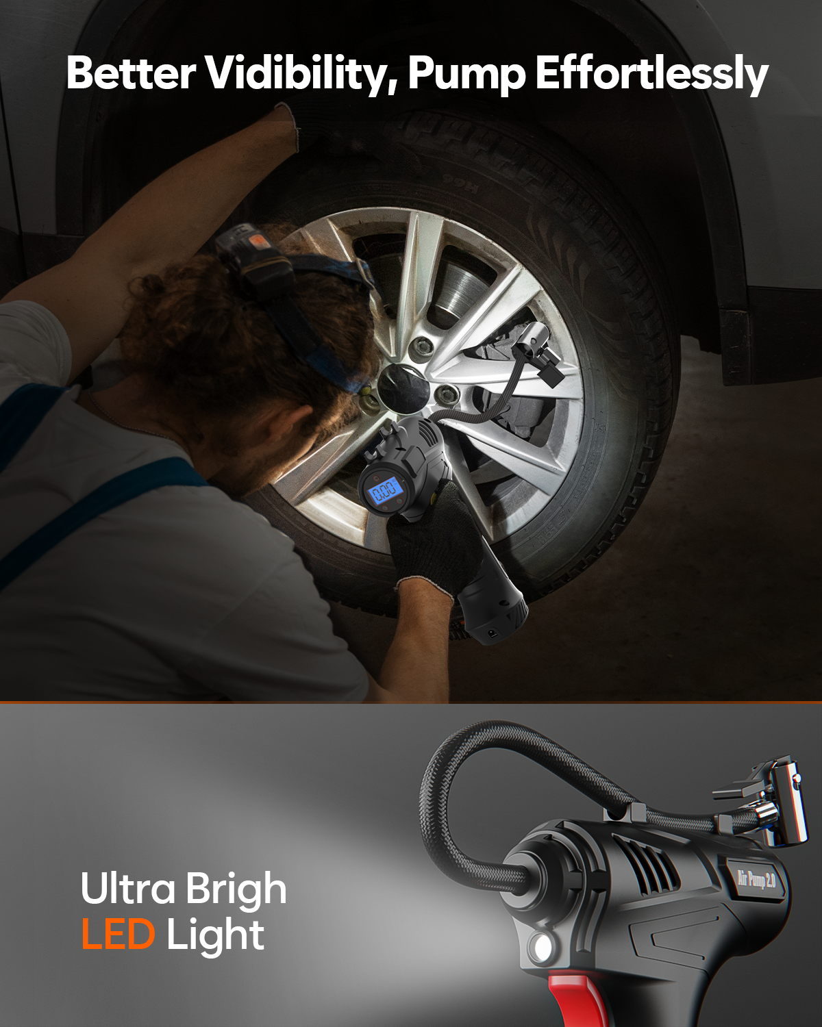 Air Pump 2.0 – 150 PSI Cordless Tire Inflator with Auto Shut-Off & LED Light - New 2025