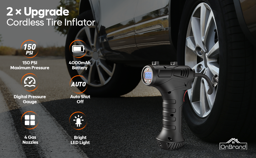Air Pump 2.0 – 150 PSI Cordless Tire Inflator with Auto Shut-Off & LED Light - New 2025